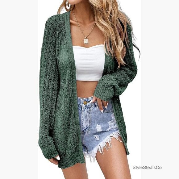 Sweaters - Crochet Open Front Long Sleeve Cardigan Lightweight Summer Cover Up